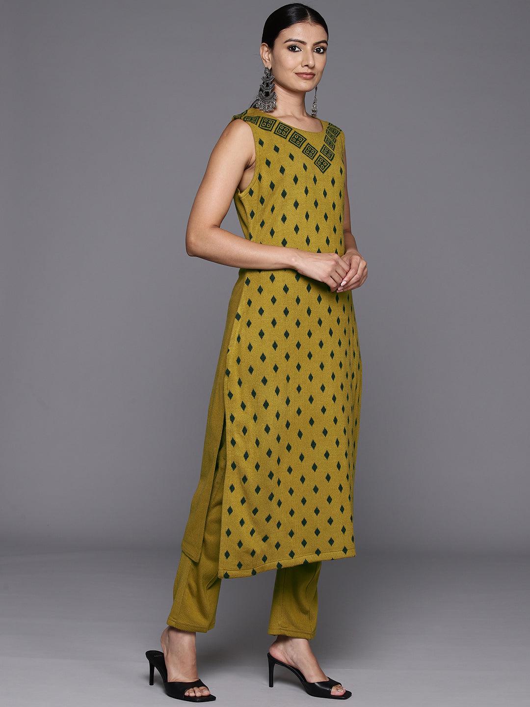 Mustard Woven Design Wool Straight Kurta With Trousers - ShopLibas