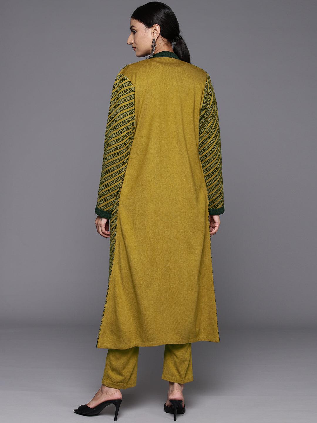 Mustard Woven Design Wool Straight Kurta With Trousers - ShopLibas