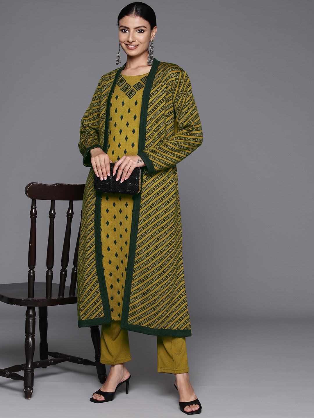 Mustard Woven Design Wool Straight Kurta Set