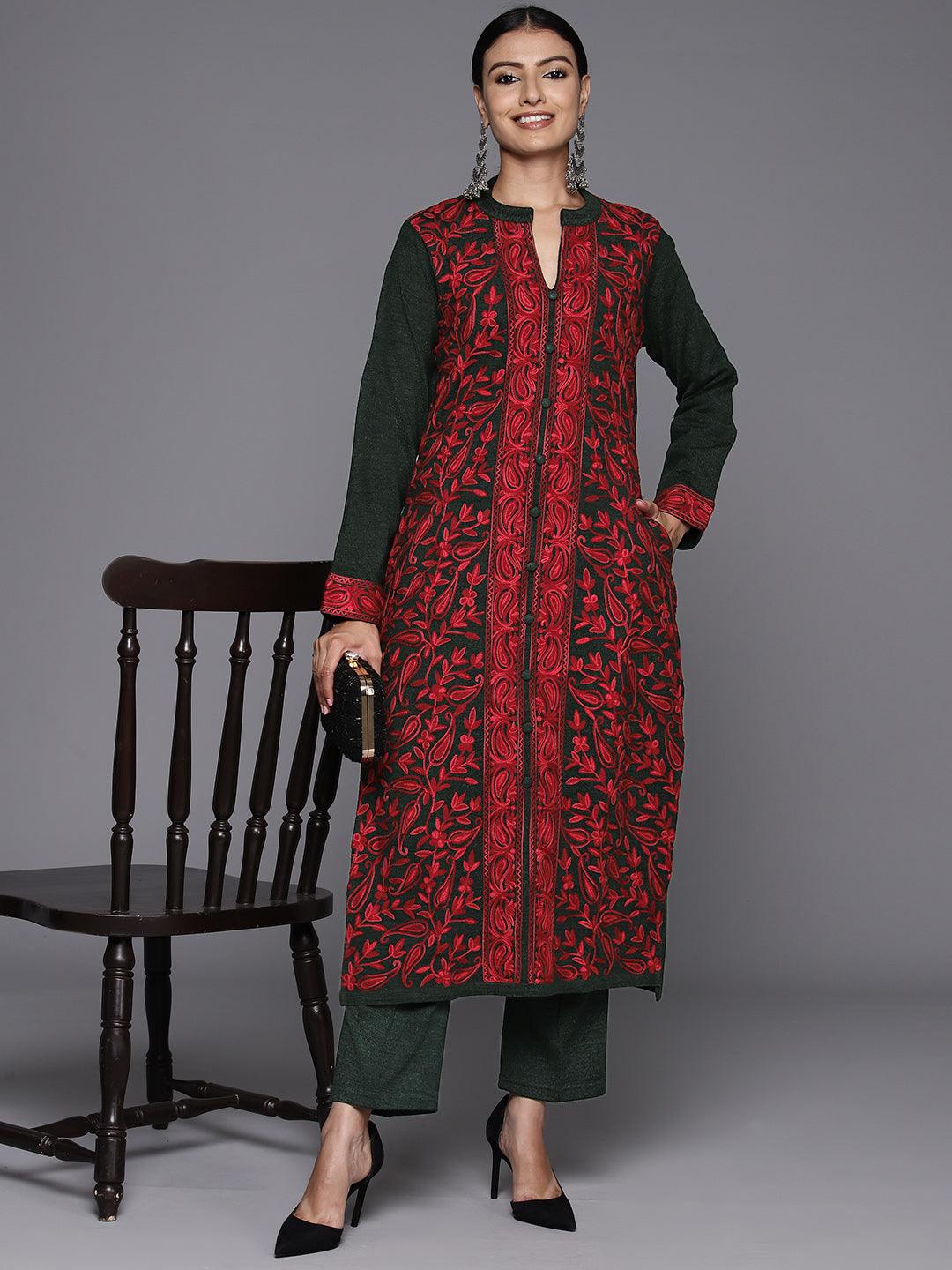 Green Embroidered Wool Straight Kurta With Trousers - ShopLibas