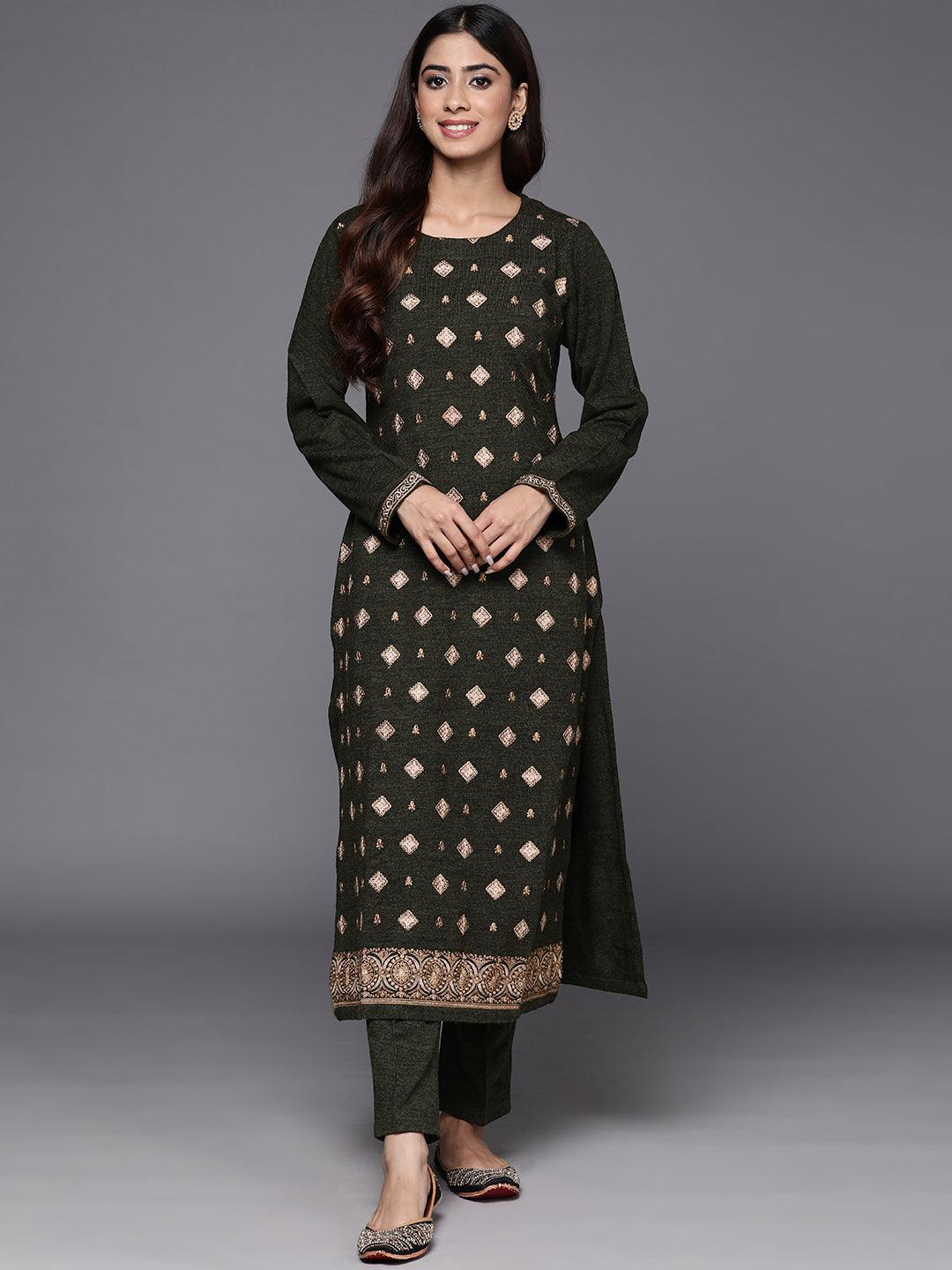 Olive Embroidered Wool Straight Kurta Set