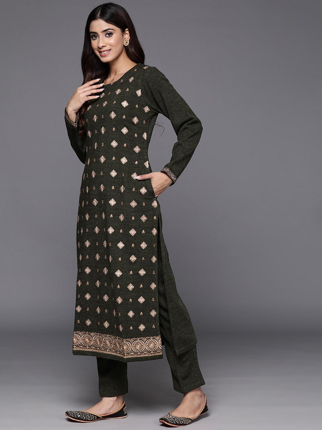 Olive Embroidered Wool Straight Kurta With Trousers - ShopLibas