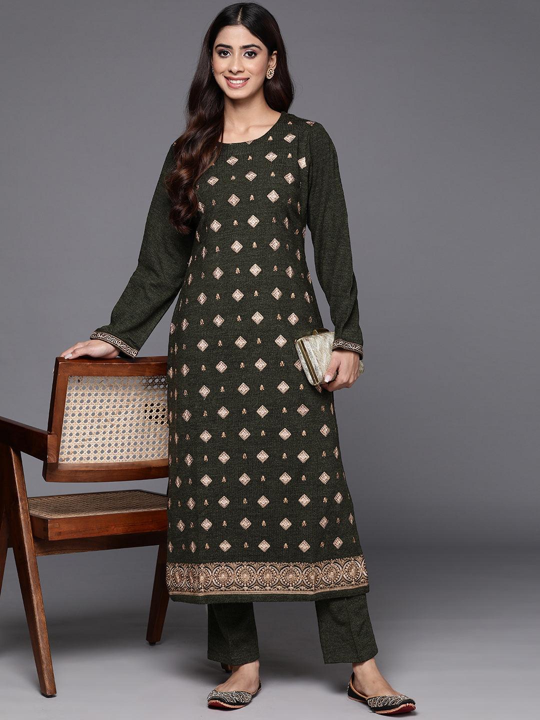 Olive Embroidered Wool Straight Kurta With Trousers - ShopLibas