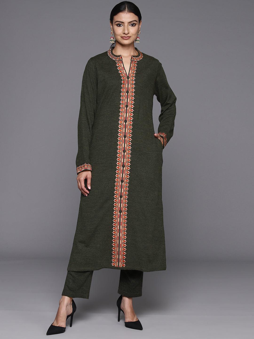 Olive Embroidered Wool Straight Kurta With Trousers - ShopLibas