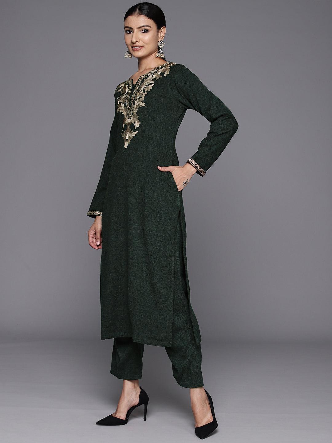 Green Yoke Design Wool Straight Kurta With Trousers - ShopLibas