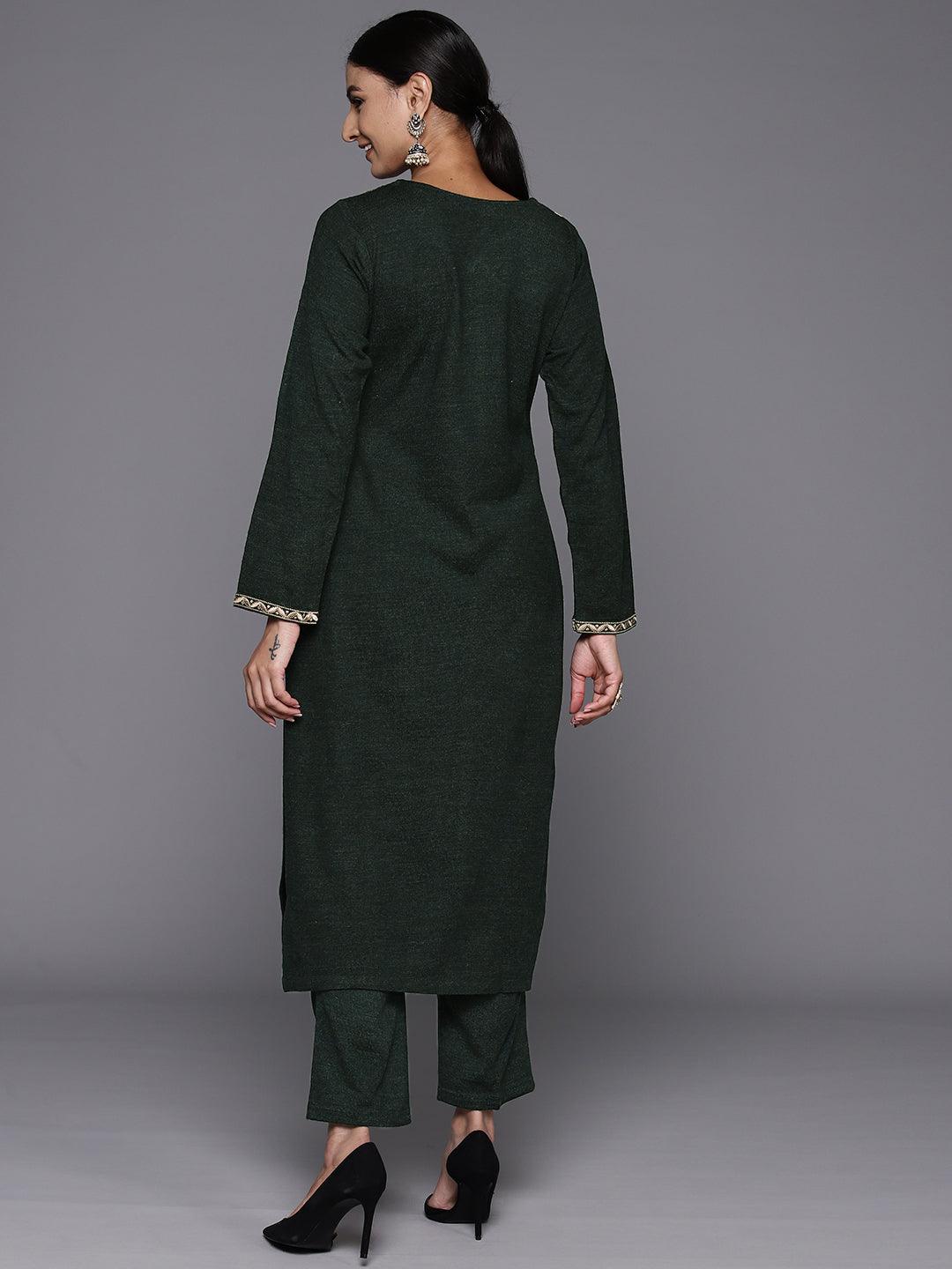 Green Yoke Design Wool Straight Kurta With Trousers - ShopLibas