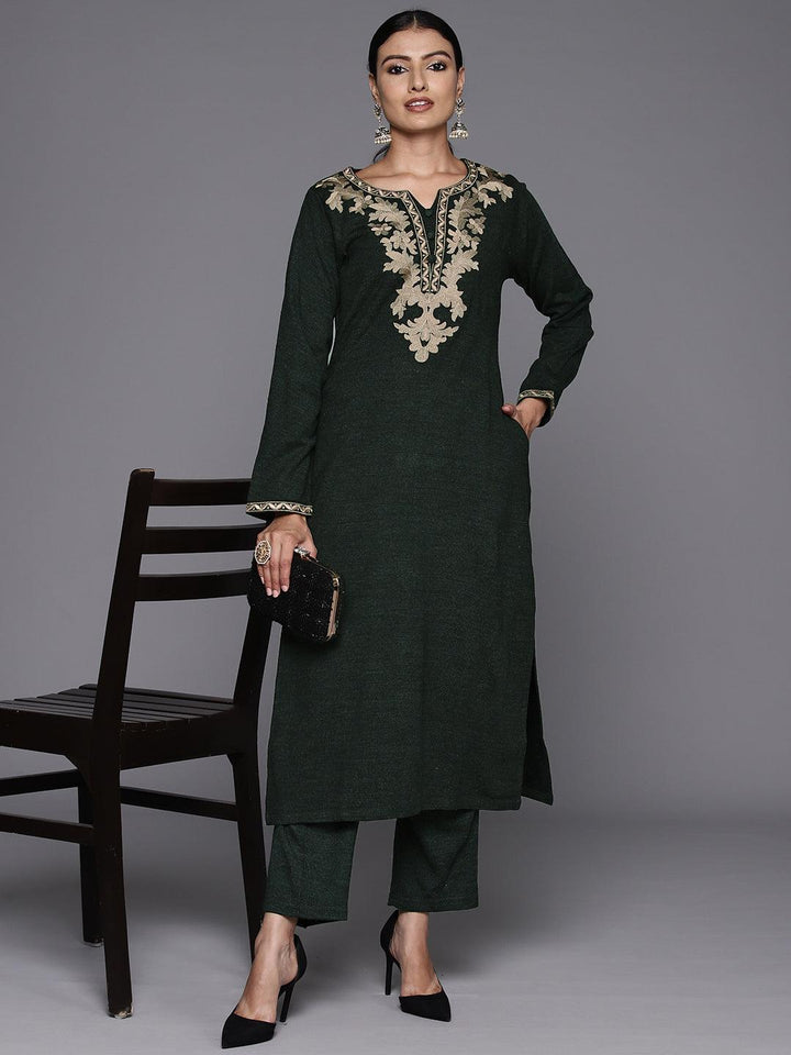 Green Yoke Design Wool Straight Kurta With Trousers - ShopLibas