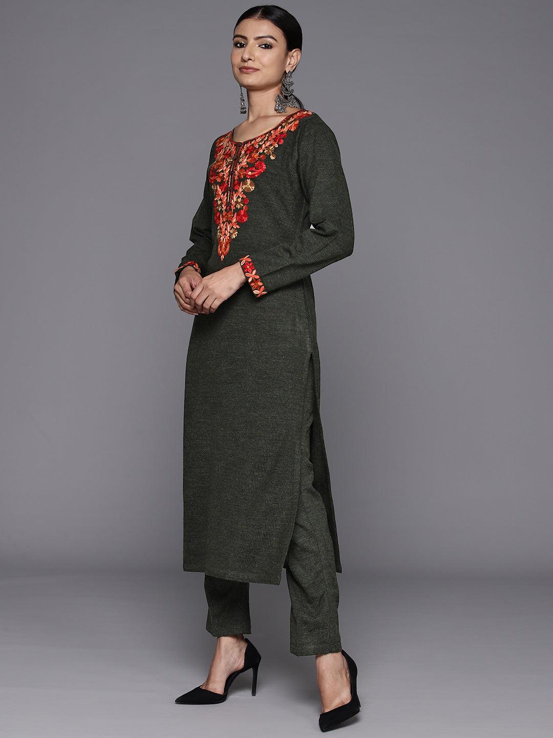 Olive Green Yoke Design Wool Straight Kurta With Trousers - ShopLibas