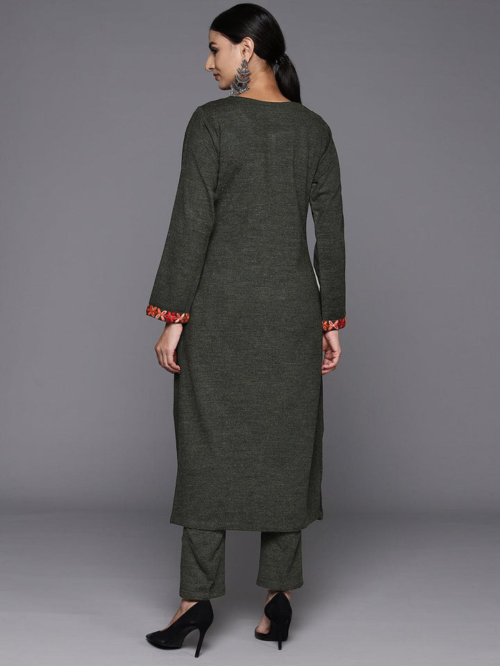 Olive Green Yoke Design Wool Straight Kurta With Trousers - ShopLibas