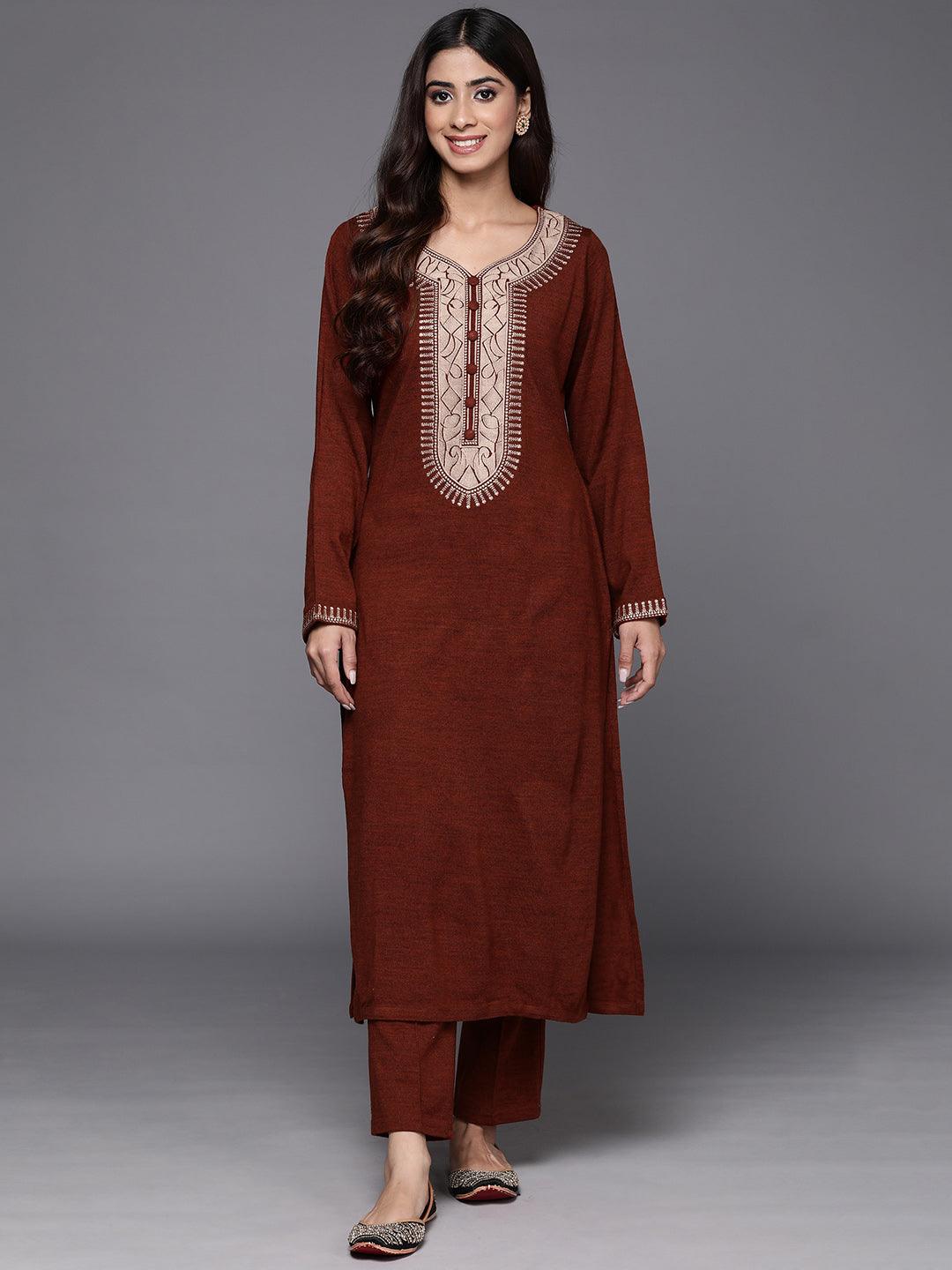 Wine Yoke Design Wool Straight Kurta With Trousers - ShopLibas