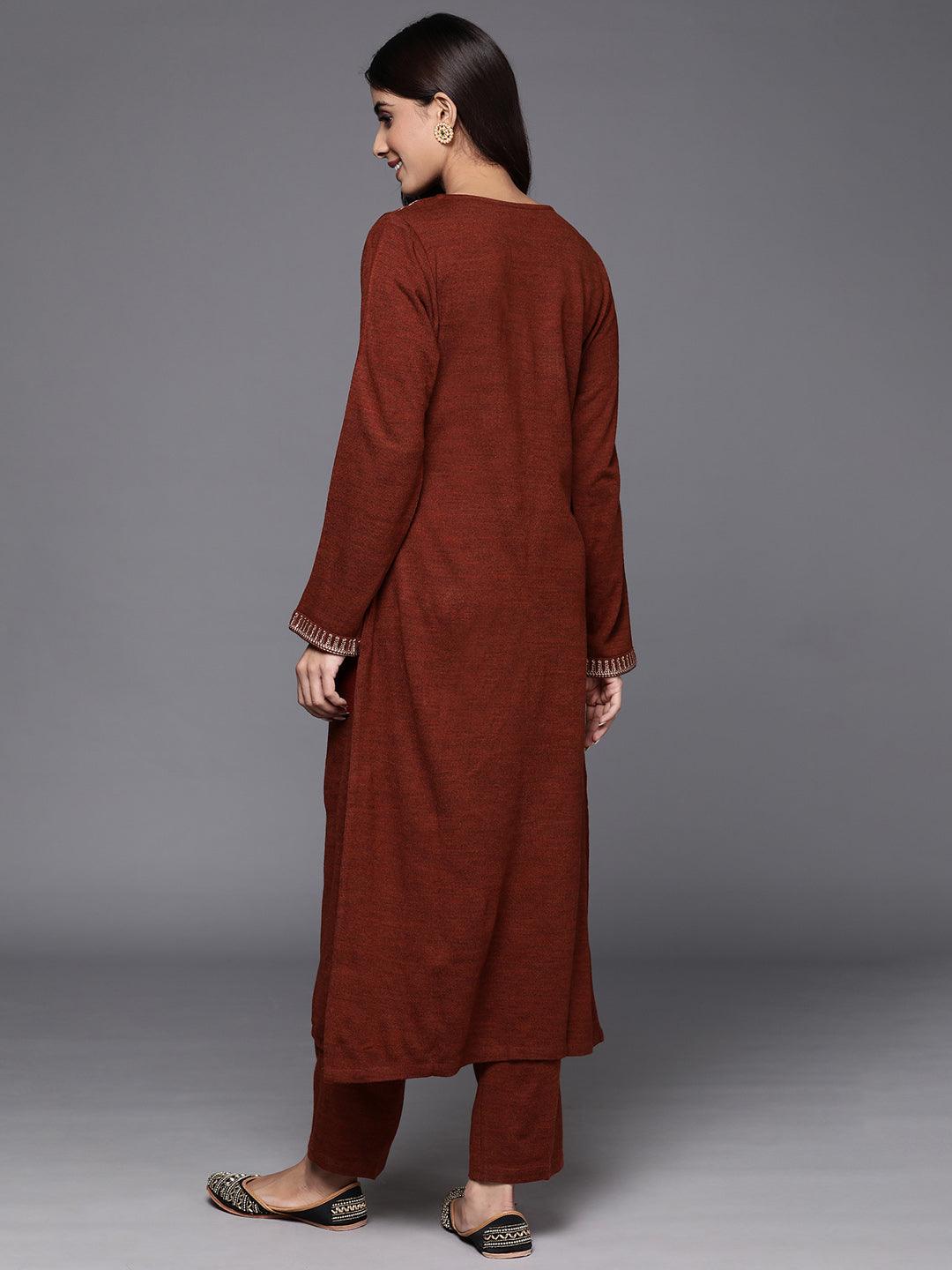 Wine Yoke Design Wool Straight Kurta With Trousers - ShopLibas