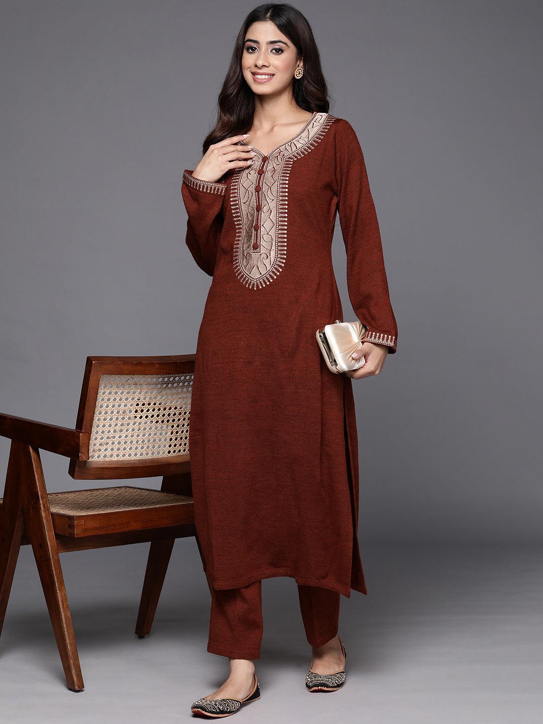 Wine Yoke Design Wool Straight Kurta With Trousers - ShopLibas