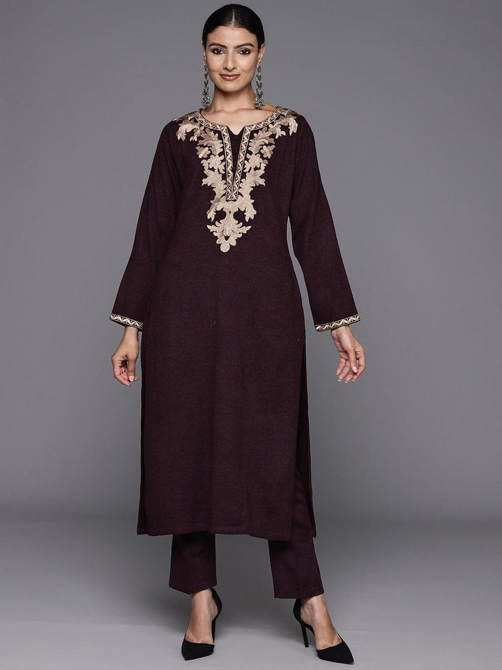 Wine Yoke Design Wool Straight Kurta With Trousers - ShopLibas