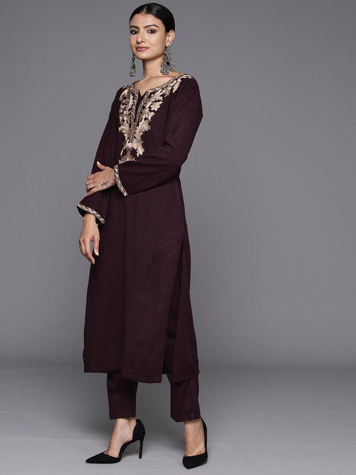 Wine Yoke Design Wool Straight Kurta With Trousers - ShopLibas