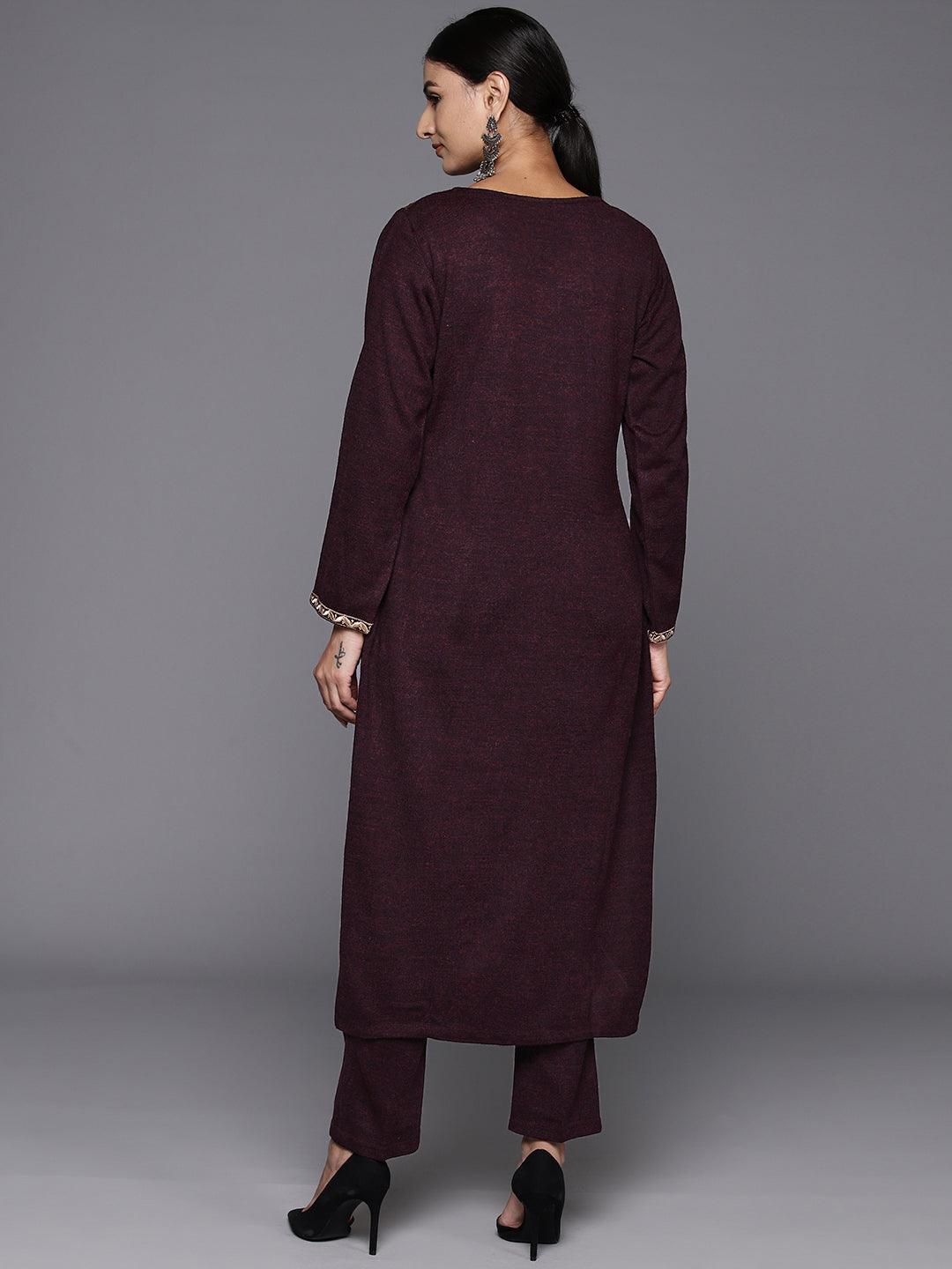 Wine Yoke Design Wool Straight Kurta With Trousers - ShopLibas