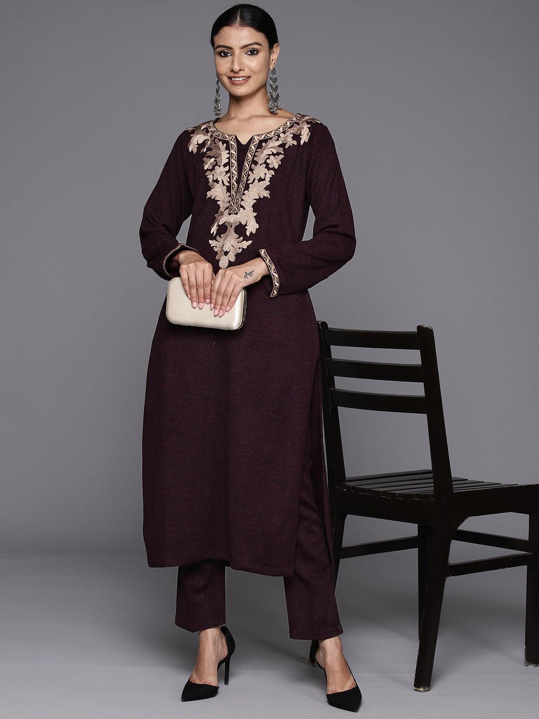 Wine Yoke Design Wool Straight Kurta With Trousers - ShopLibas