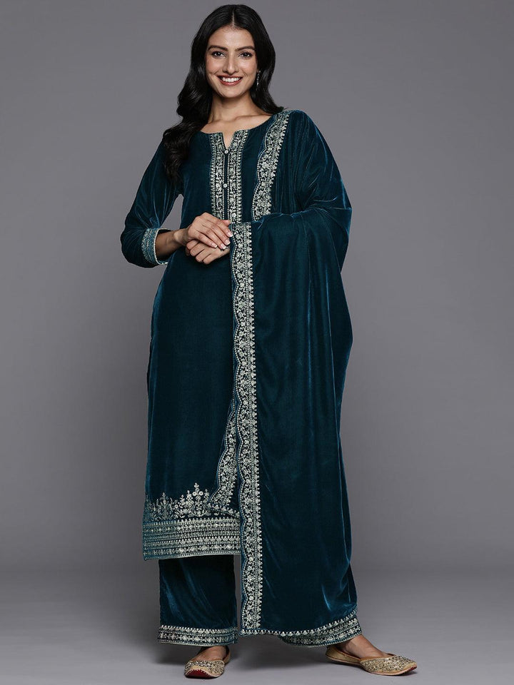 Teal Yoke Design Velvet Straight Kurta With Palazzos & Dupatta - ShopLibas