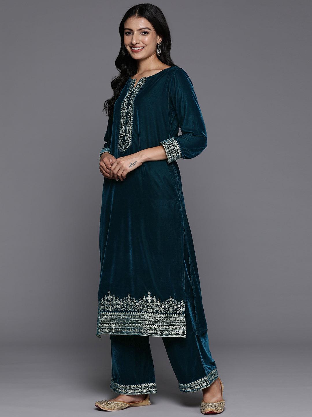 Teal Yoke Design Velvet Straight Kurta With Palazzos & Dupatta - ShopLibas