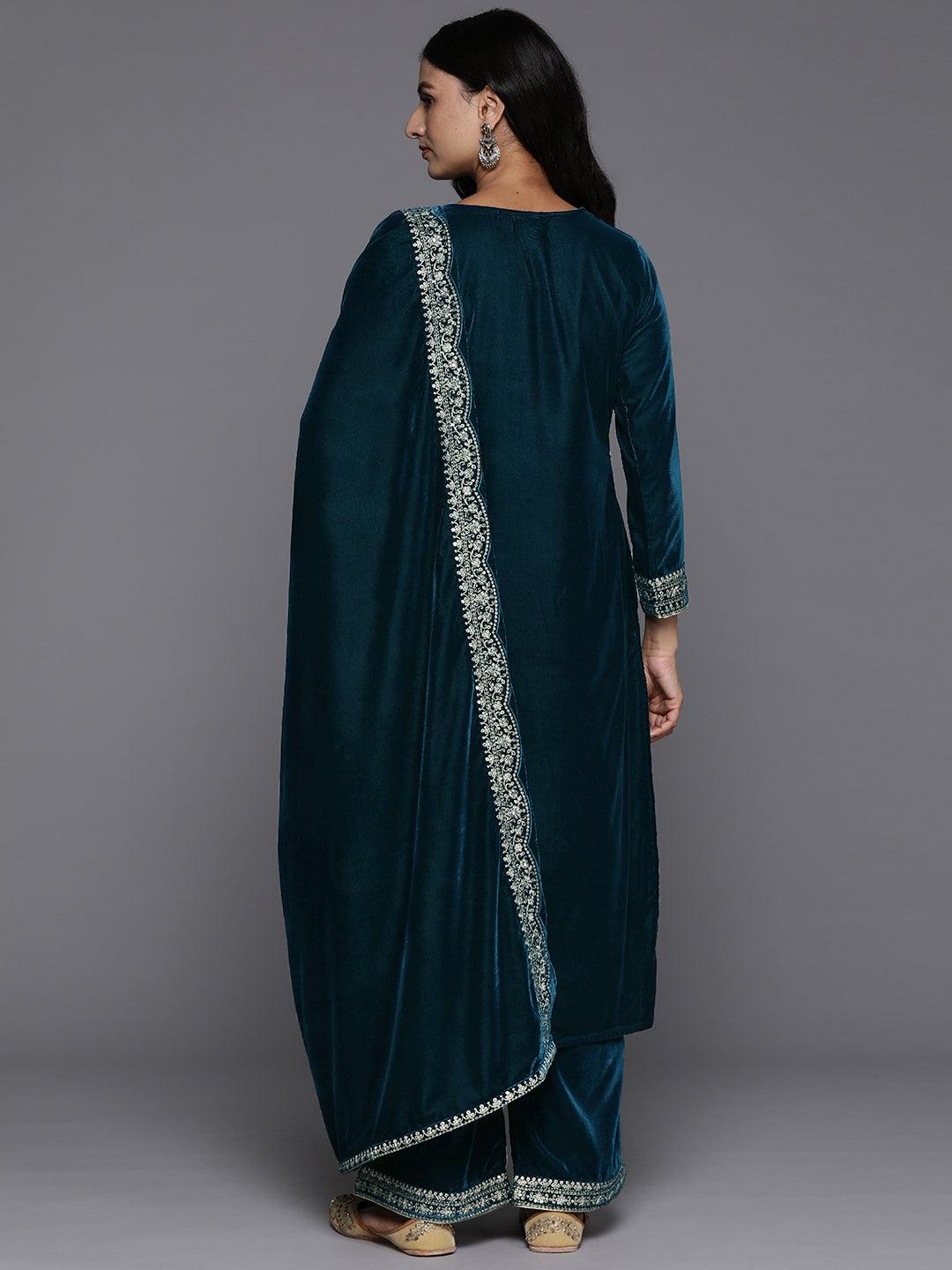 Teal Yoke Design Velvet Straight Kurta With Palazzos & Dupatta - ShopLibas