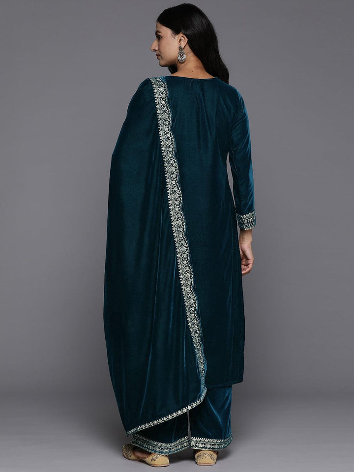 Teal Yoke Design Velvet Straight Kurta With Palazzos & Dupatta - ShopLibas