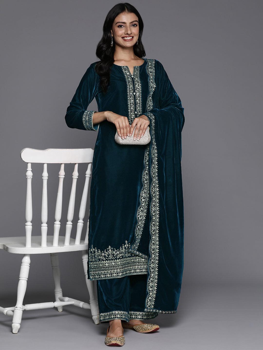 Teal Yoke Design Velvet Straight Kurta With Palazzos & Dupatta - ShopLibas