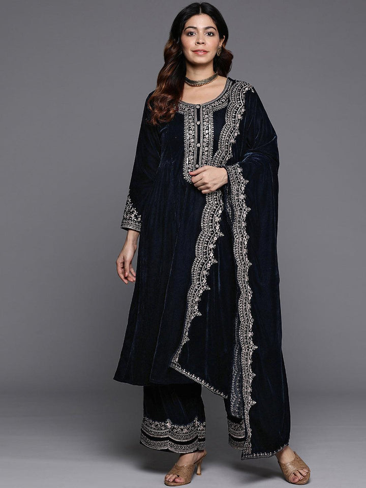 Navy Yoke Design Velvet A-Line Kurta With Palazzos & Dupatta - ShopLibas