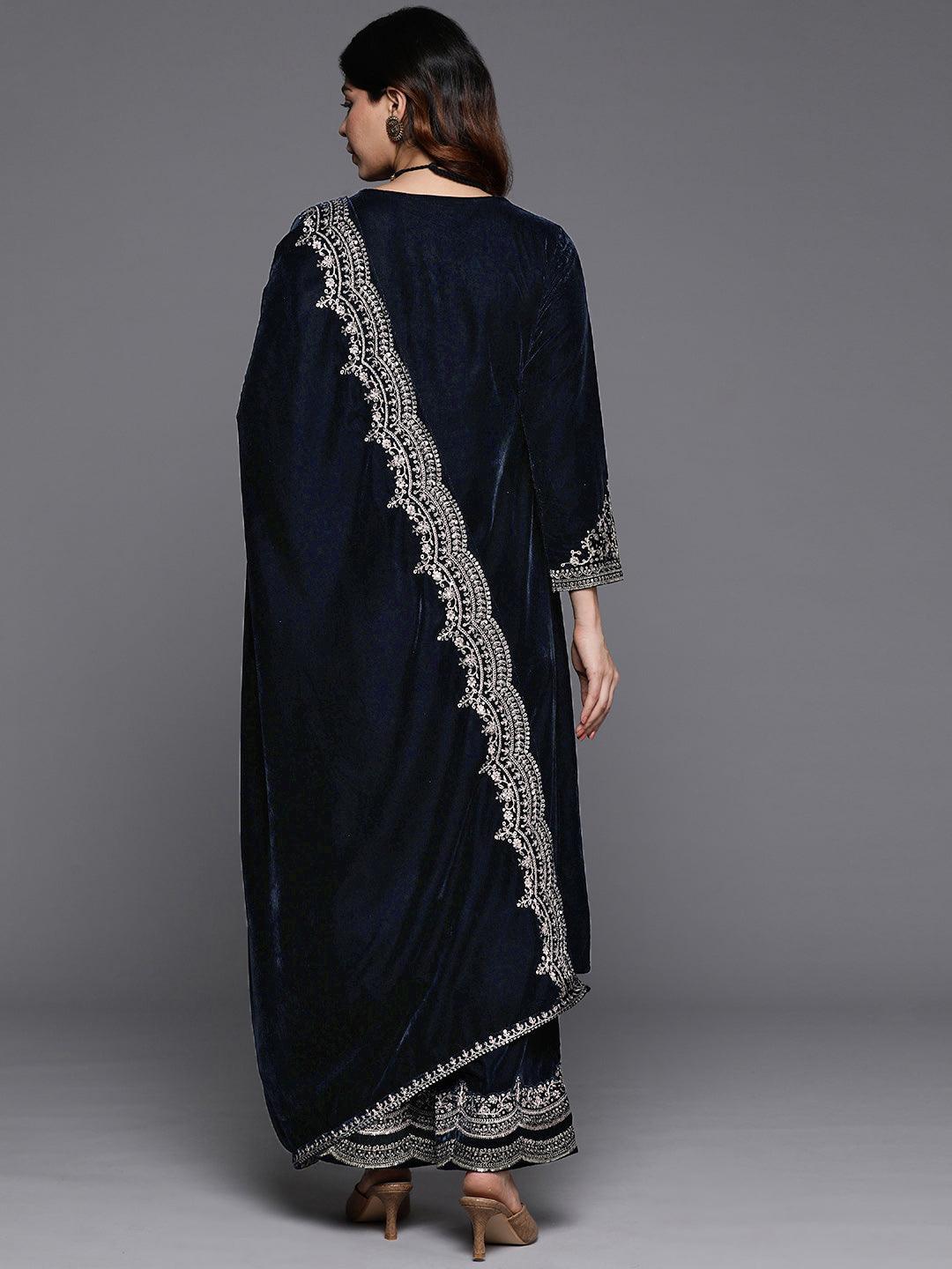 Navy Yoke Design Velvet A-Line Kurta With Palazzos & Dupatta - ShopLibas