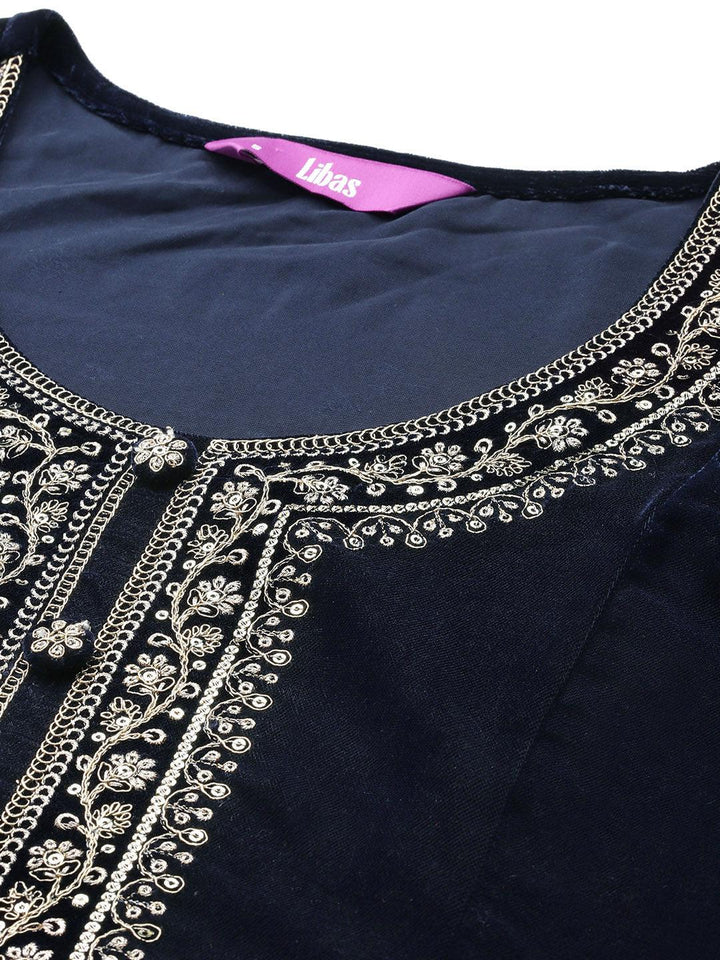 Navy Yoke Design Velvet A-Line Kurta With Palazzos & Dupatta - ShopLibas