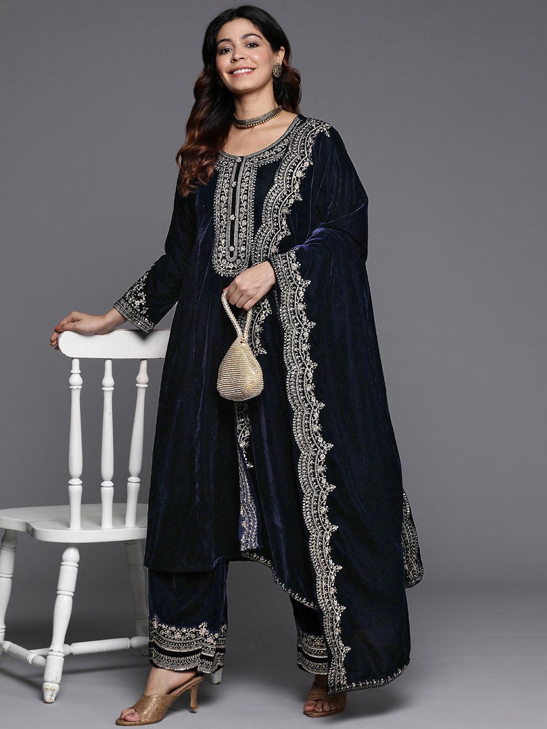 Navy Yoke Design Velvet A-Line Kurta With Palazzos & Dupatta - ShopLibas