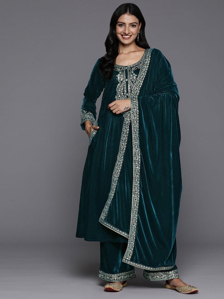 Teal Yoke Design Velvet A-Line Kurta With Palazzos & Dupatta - ShopLibas