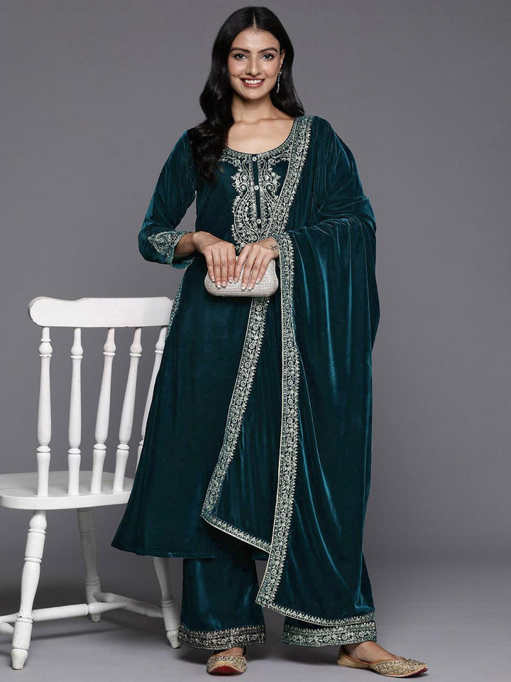 Teal Yoke Design Velvet A-Line Kurta With Palazzos & Dupatta - ShopLibas