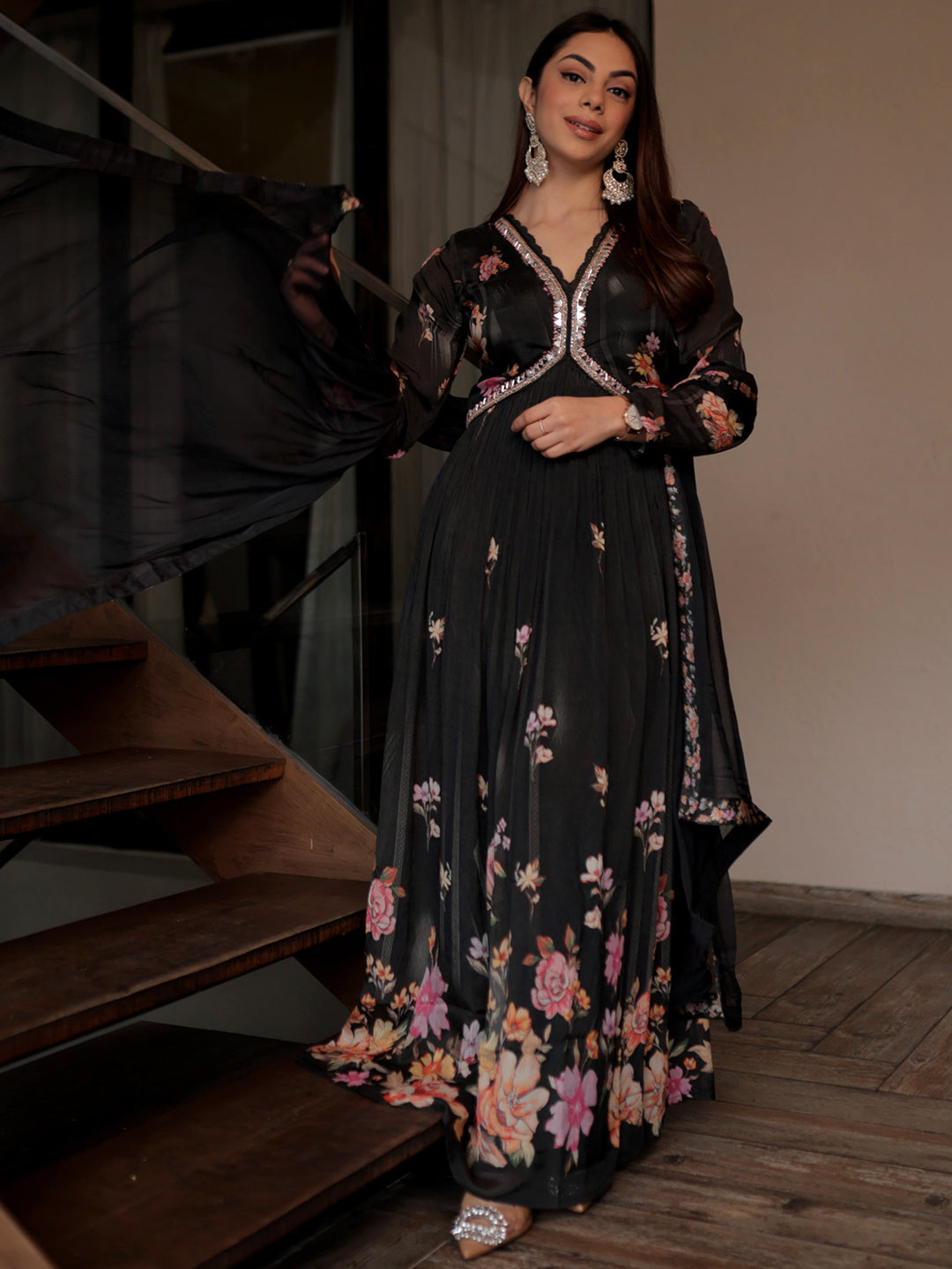 Libas Art Black Printed Silk Anarkali Suit With Dupatta