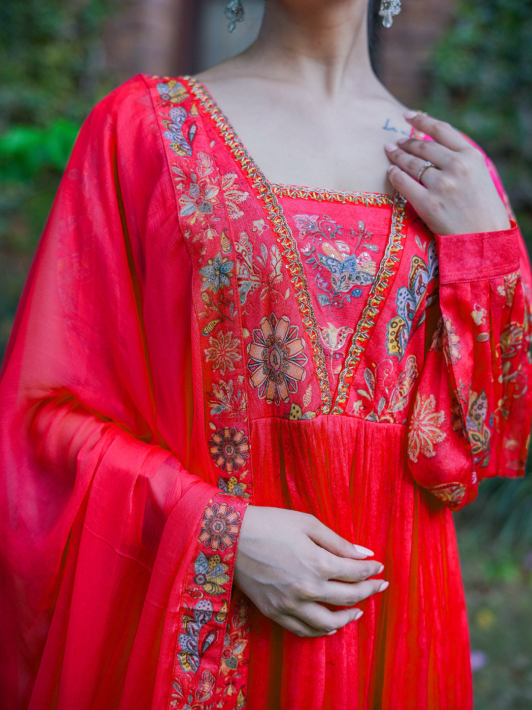 Libas Art Coral Printed Silk Anarkali Suit With Dupatta