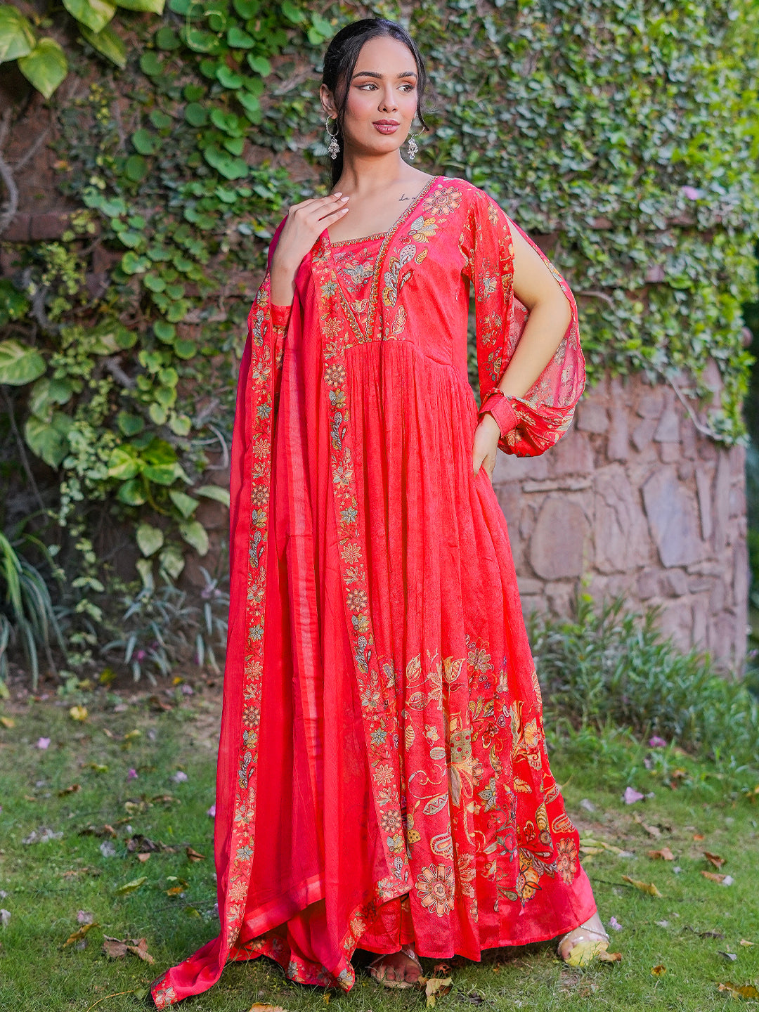 Libas Art Coral Printed Silk Anarkali Suit With Dupatta