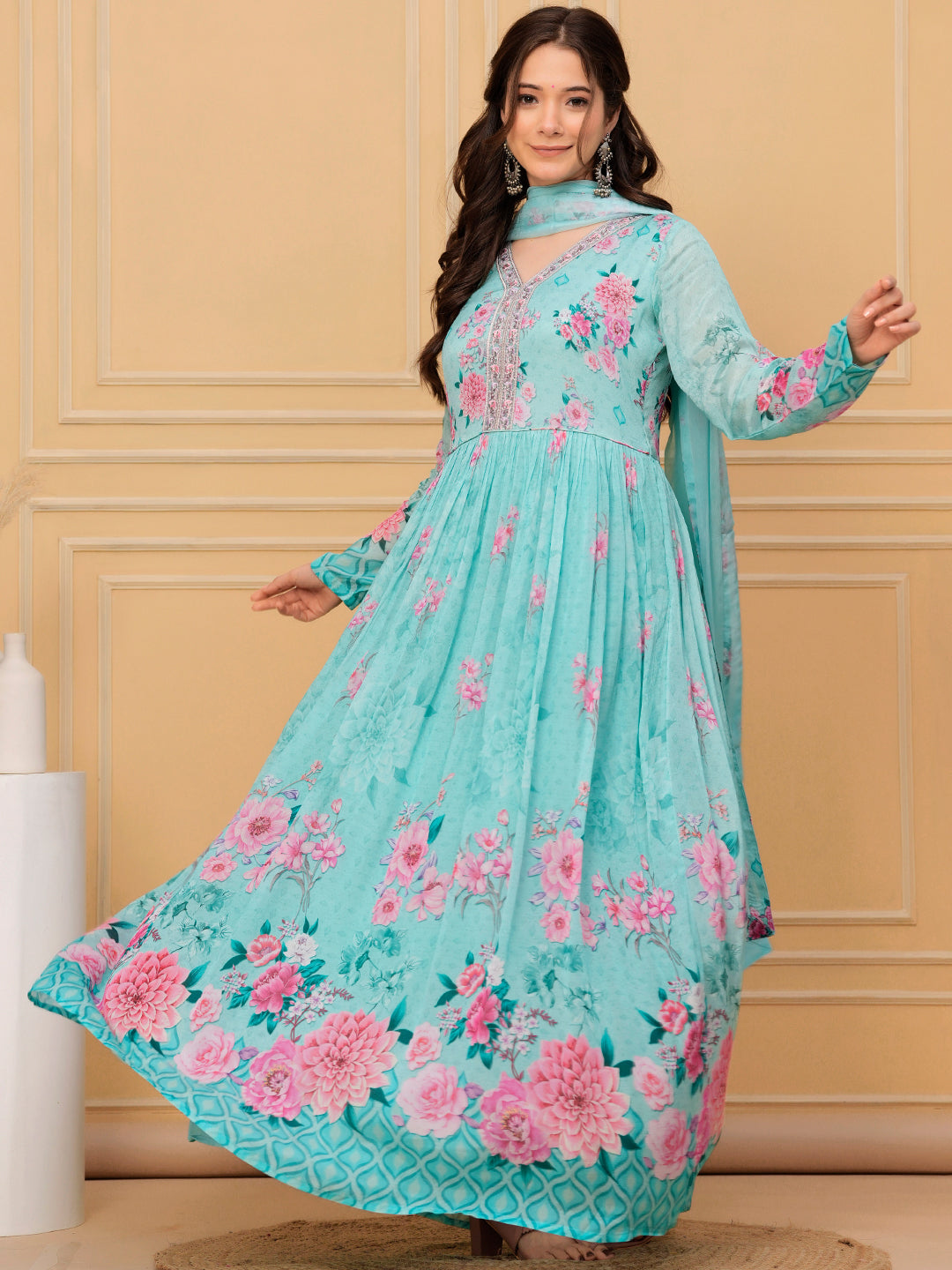 Libas Art Green Printed Silk Anarkali Suit With Dupatta