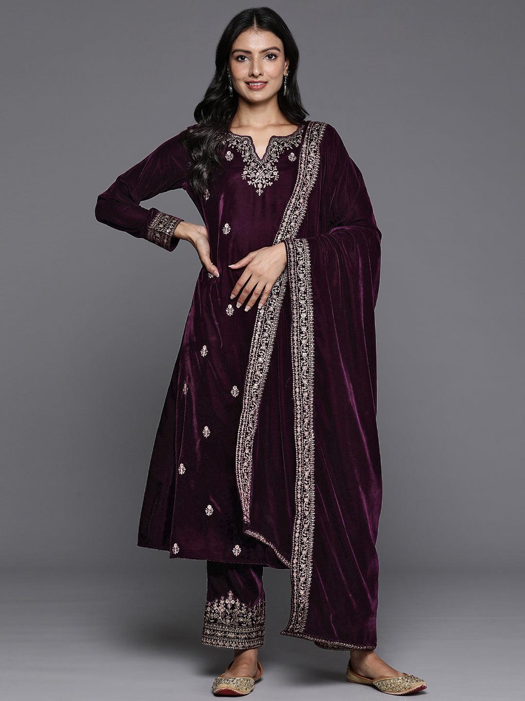 Purple Embroidered Velvet A-Line Kurta With Trousers & Dupatta - ShopLibas