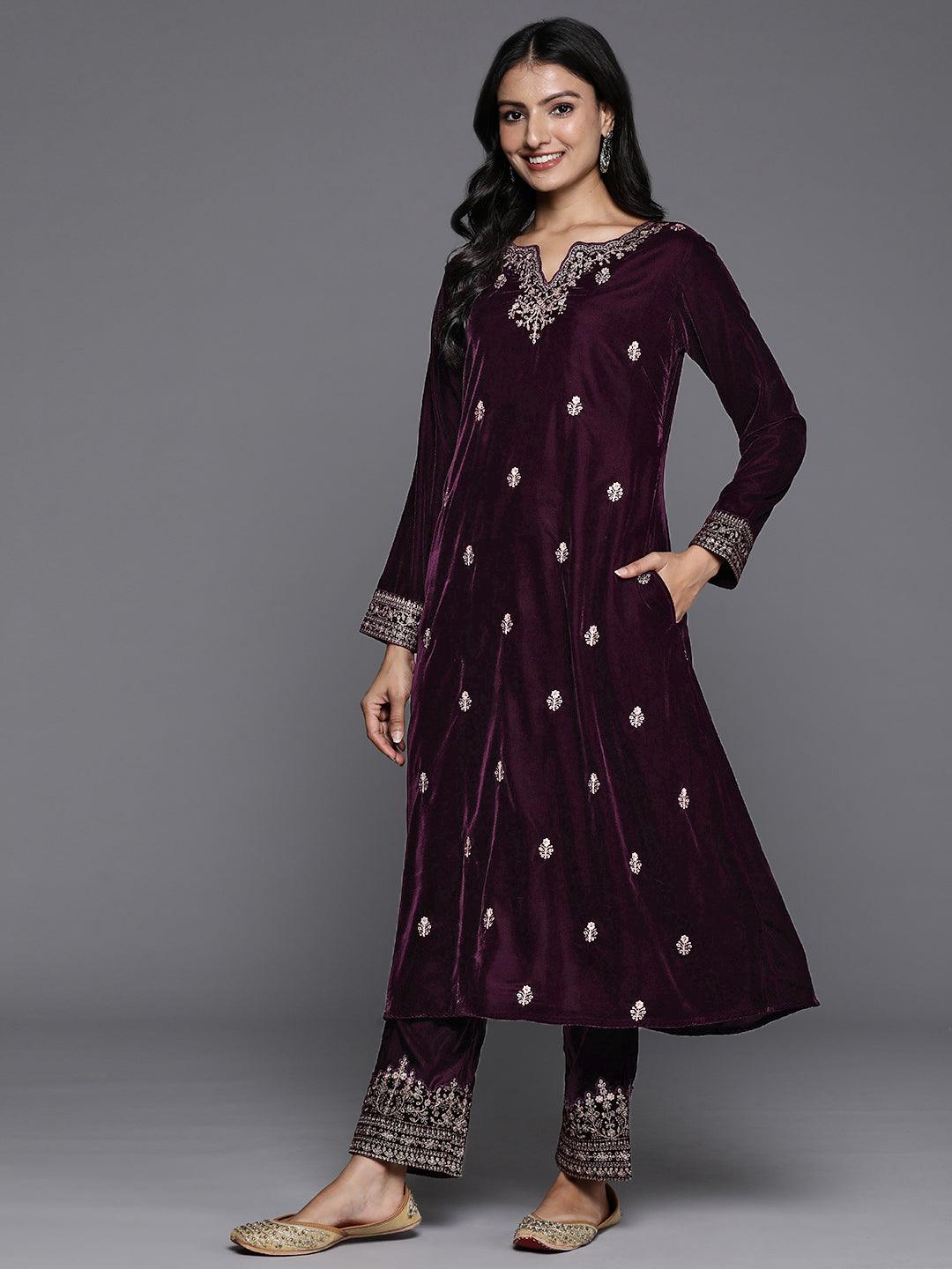 Purple Embroidered Velvet A-Line Kurta With Trousers & Dupatta - ShopLibas