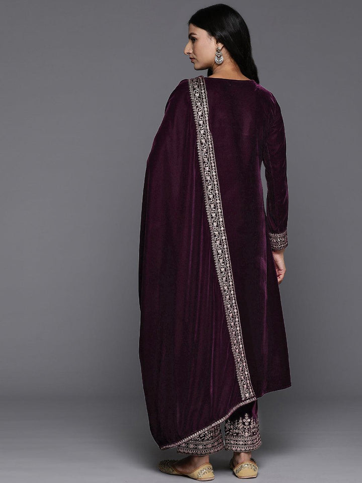 Purple Embroidered Velvet A-Line Kurta With Trousers & Dupatta - ShopLibas