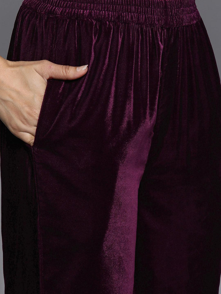 Purple Embroidered Velvet A-Line Kurta With Trousers & Dupatta - ShopLibas