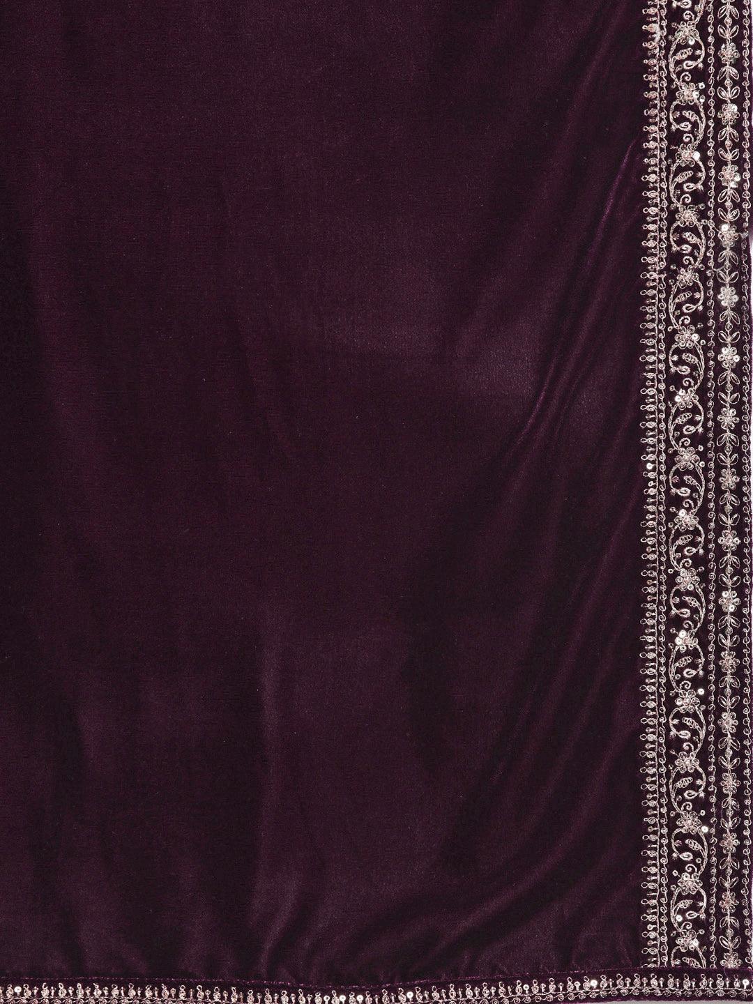 Purple Embroidered Velvet A-Line Kurta With Trousers & Dupatta - ShopLibas