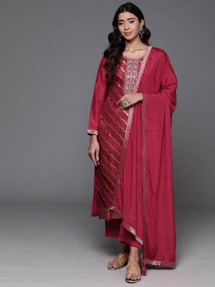 Red Woven Design Silk Blend Straight Kurta With Trousers & Dupatta - ShopLibas