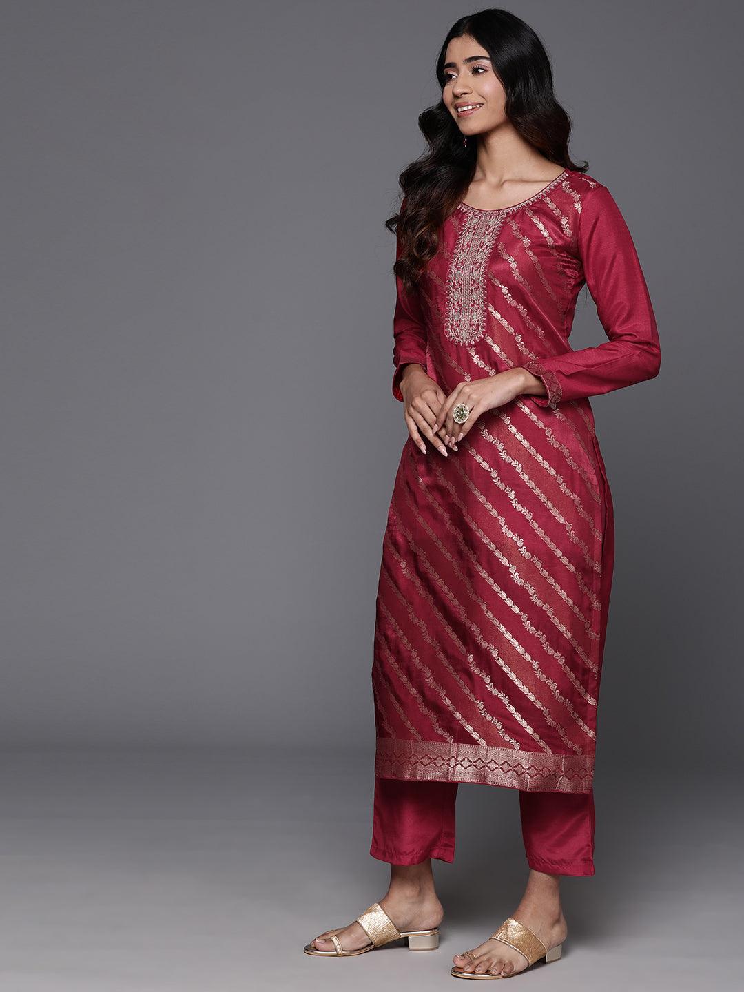 Red Woven Design Silk Blend Straight Kurta With Trousers & Dupatta - ShopLibas