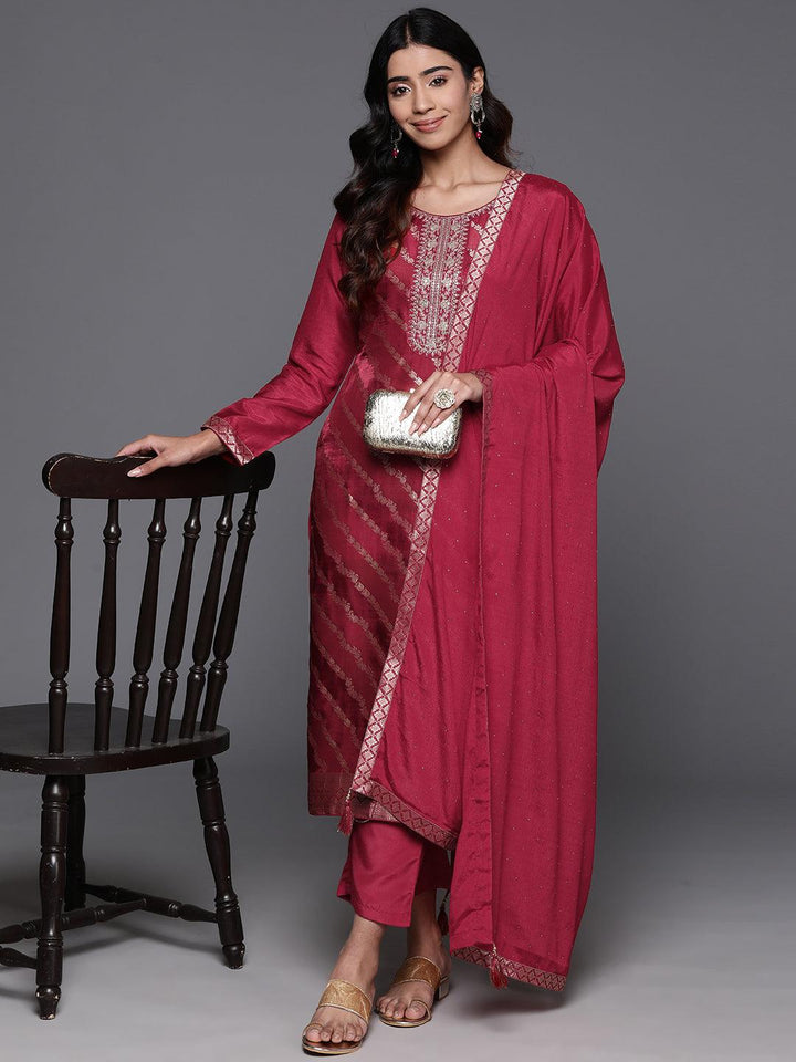 Red Woven Design Silk Blend Straight Kurta With Trousers & Dupatta - ShopLibas