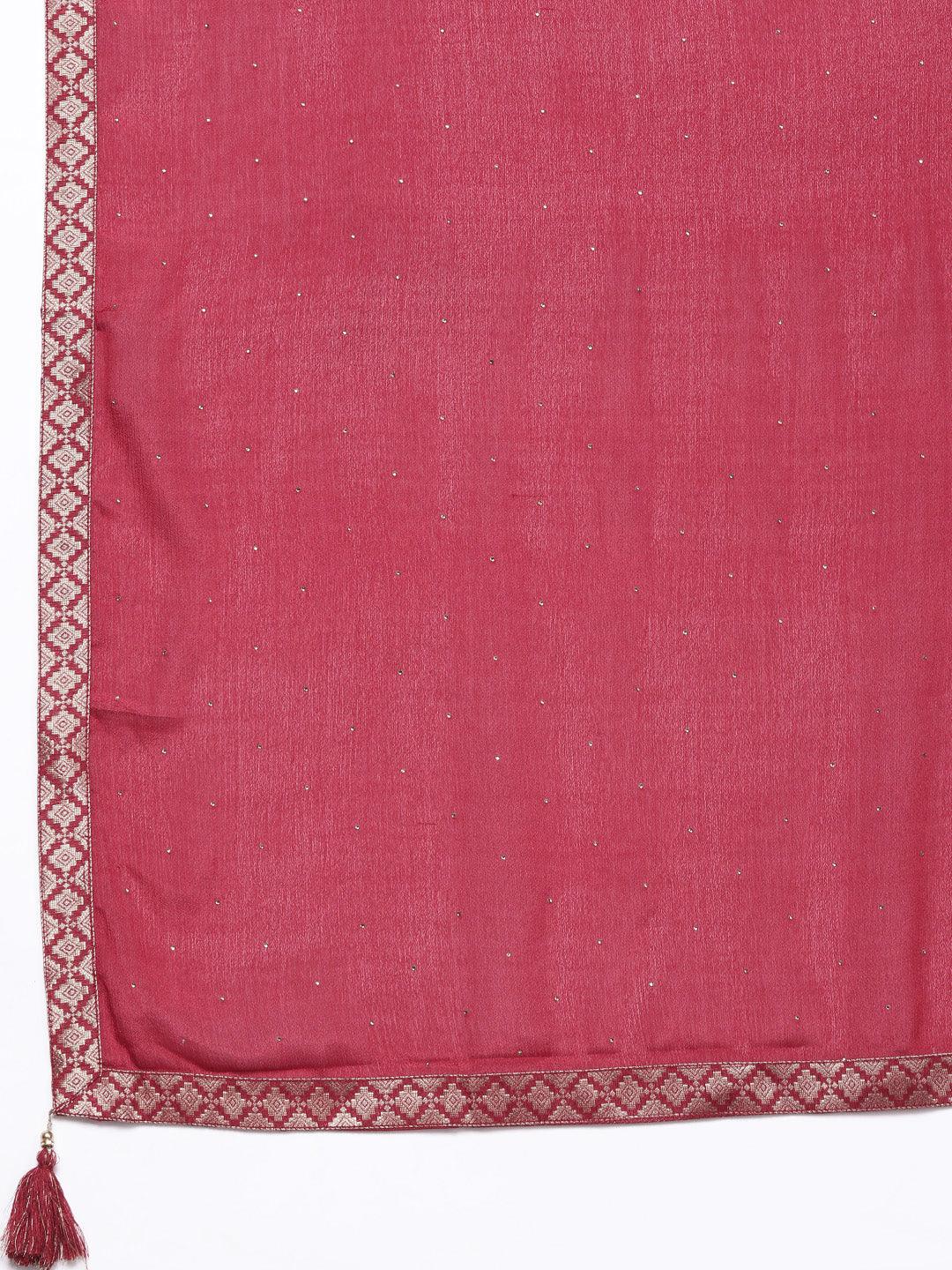 Red Woven Design Silk Blend Straight Kurta With Trousers & Dupatta - ShopLibas