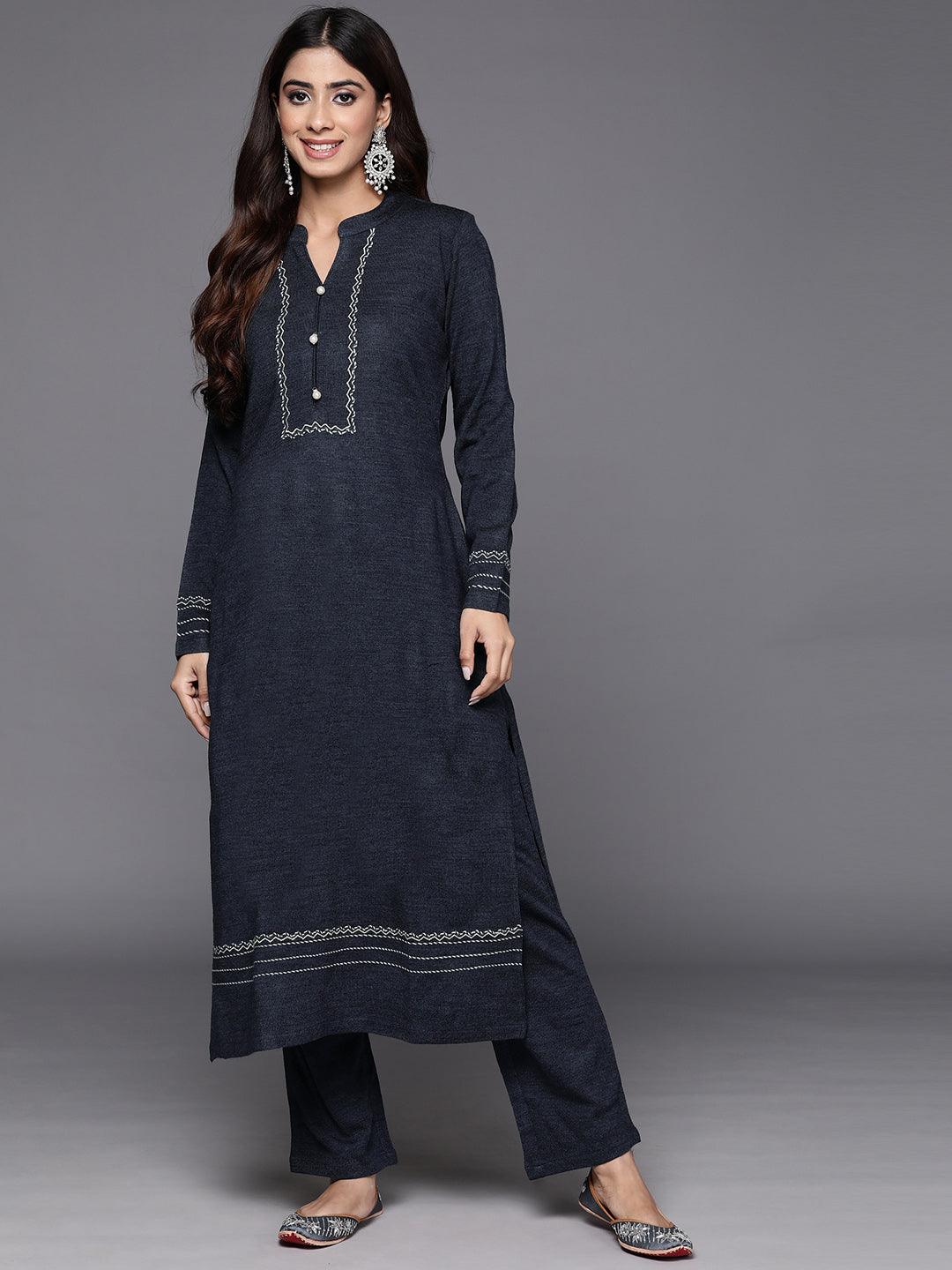 Grey Yoke Design Wool Straight Kurta With Trousers - ShopLibas