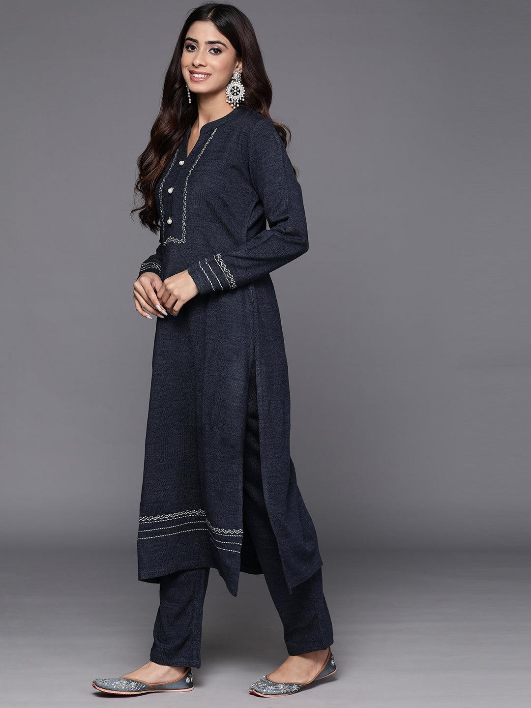 Grey Yoke Design Wool Straight Kurta With Trousers - ShopLibas