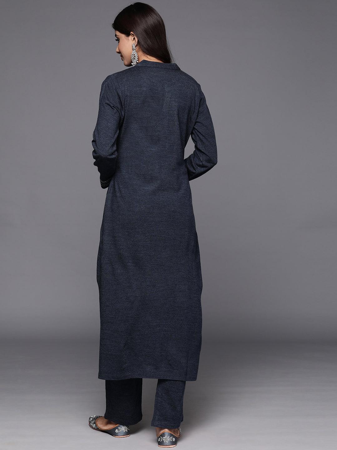 Grey Yoke Design Wool Straight Kurta With Trousers - ShopLibas