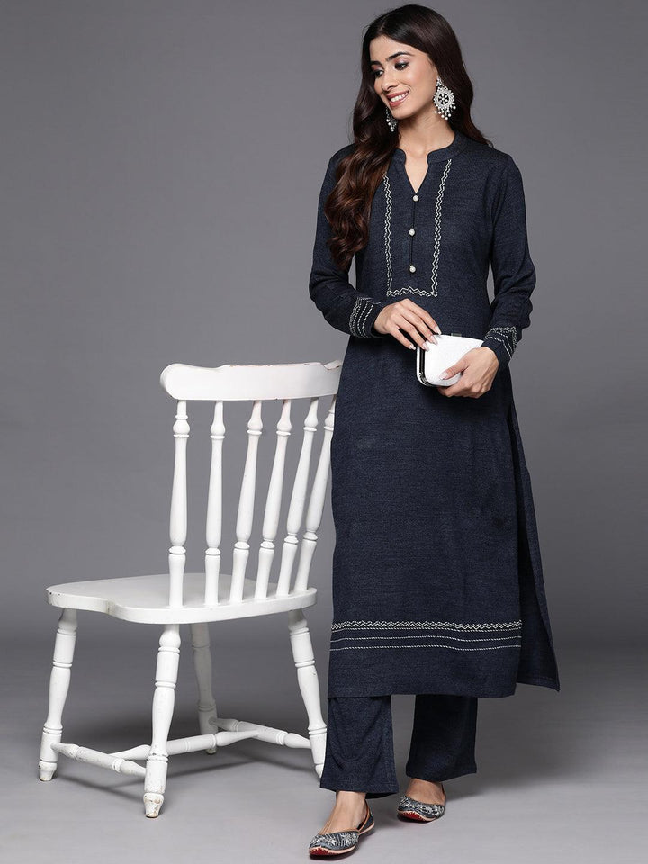 Grey Yoke Design Wool Straight Kurta With Trousers - ShopLibas