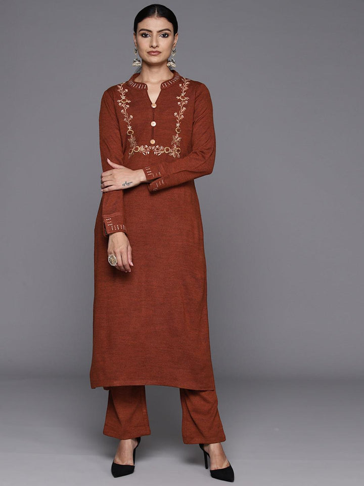 Rust Yoke Design Wool Straight Kurta With Trousers - ShopLibas