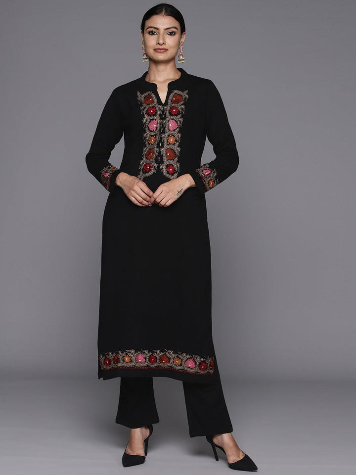 Black Yoke Design Wool Straight Kurta With Trousers - ShopLibas